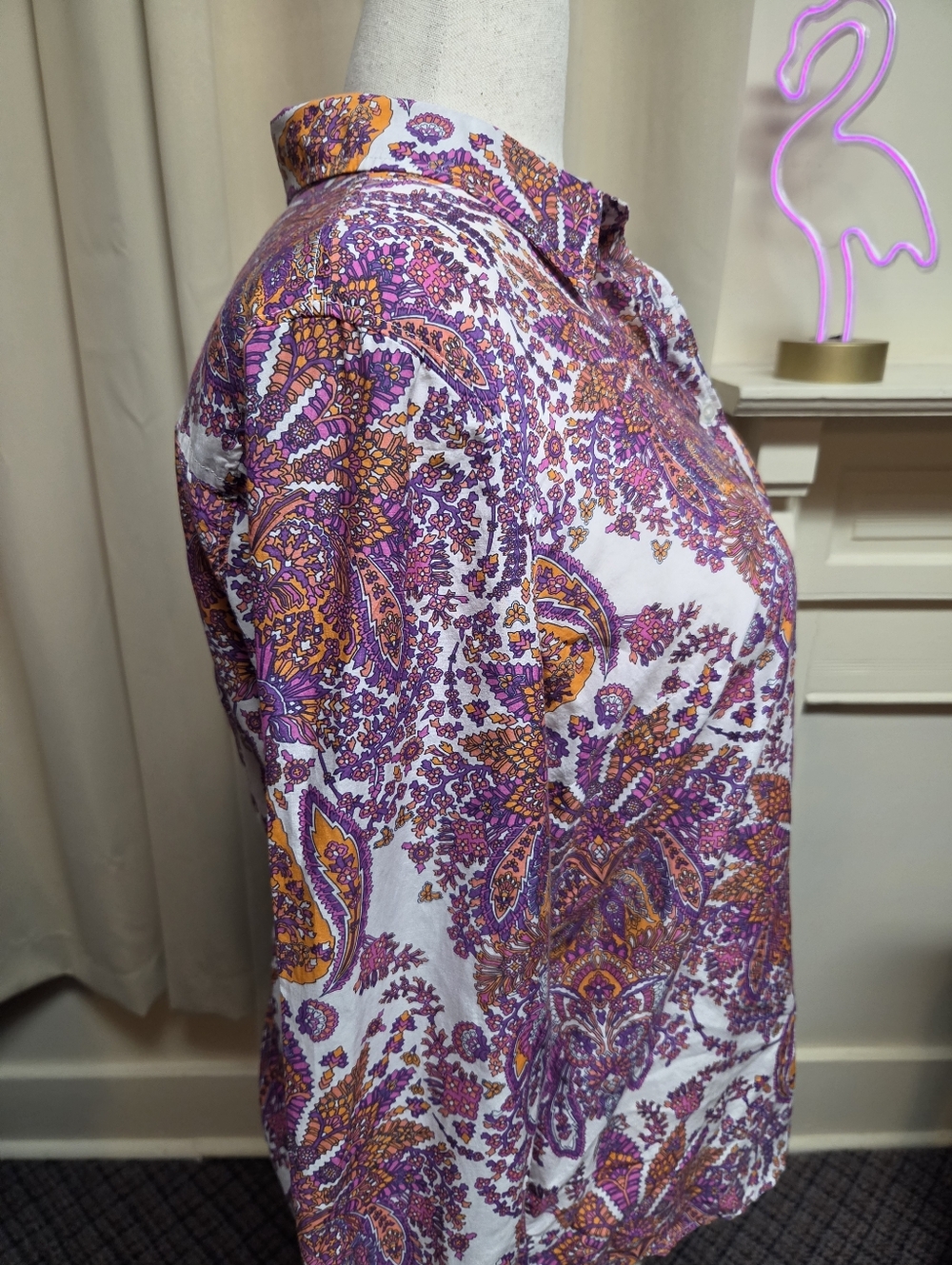 Women's Paisley Print Button-Down Shirt  - Purple & Orange Silk Blend, Size XL